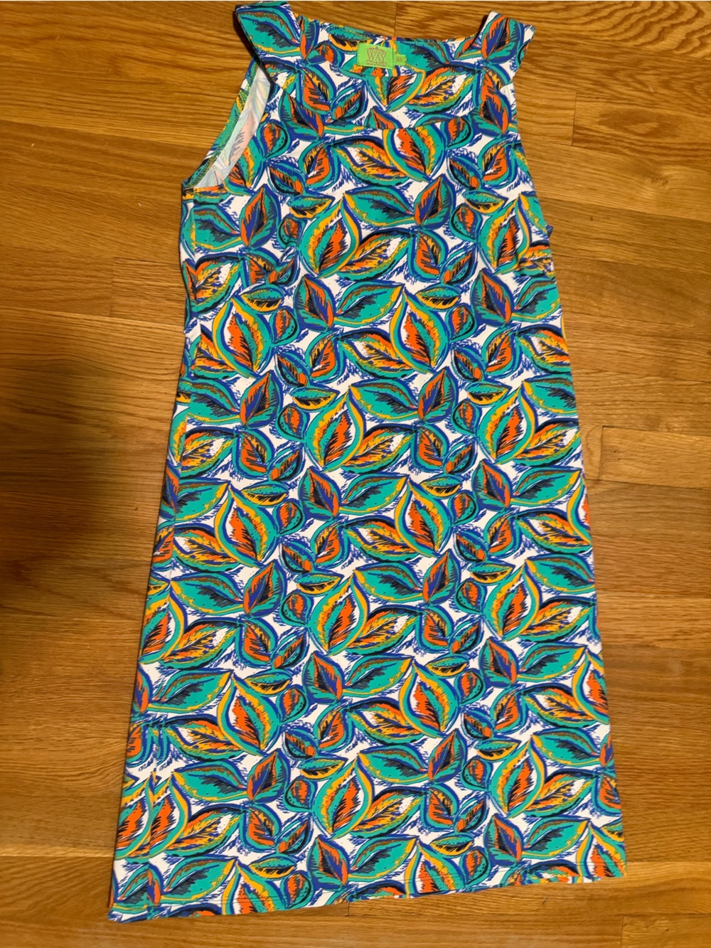 Katherine Way Multicolor Leaf-Print Dress — Teal, Orange, Blue. XS